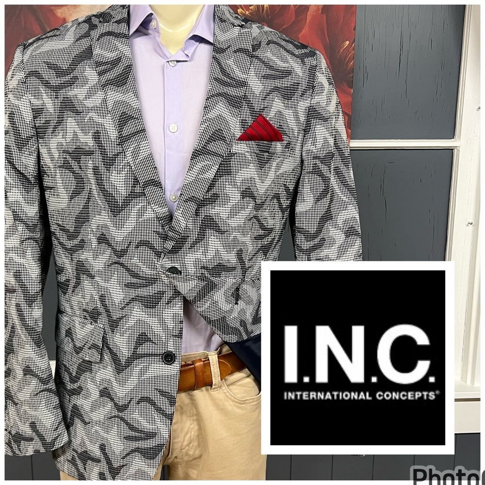 INC International Concepts Seersucker Blazer Mens Sz Large‎ (42R) Slim Fit Gray